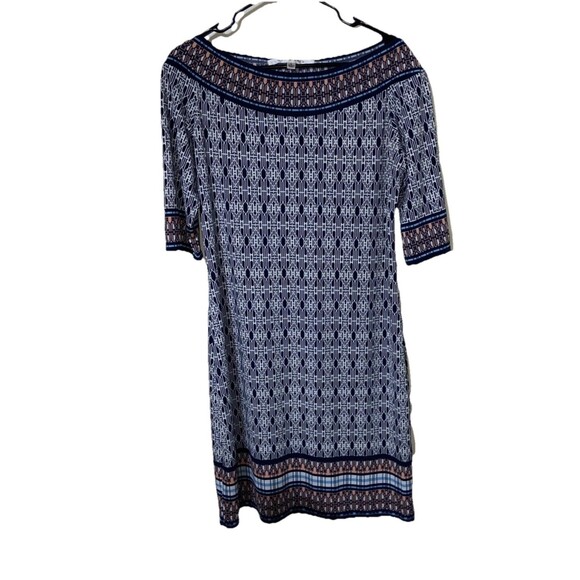 MAX STUDIO Mixed Print Sheath Dress L Blue Stretch Travel Knit - Picture 1 of 11